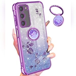 Samsung Galaxy S23 Ultra Case Glitter Sparkly Bling Floral Design with Ring